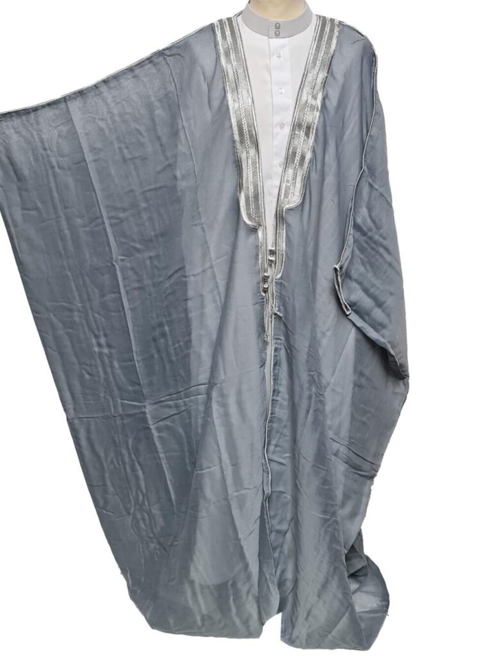 Men’s Arabian Bisht Grey Cloak Arab Dress Thobe Islam Robe Eid